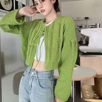 Верхняя одежда, женский осенний стиль, зеленый вязаный кардиган с повязками, женский короткий осенний стиль, новый свитер с рукавами-фонариками, женский кардиган One Size зелёный