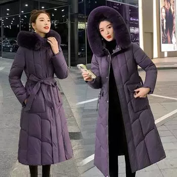Верхняя одинарная длинная однотонная хлопковая утепленная одежда для женщин на осень и зиму, новая модная одежда из хлопка с заниженной талией L чёрный