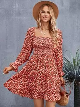 Верхняя туника с принтом, этнический дизайнерский наряд для вечеринок, женское облегающее платье с расклешенным кроем, красное платье XS красный