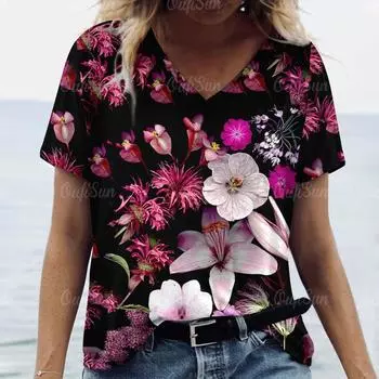 Верхняя женская футболка с цветочным принтом, женская футболка больших размеров, дизайнерская женская одежда, большие футболки с короткими рукавами, блузка S
