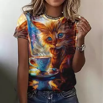 Верхняя женская футболка с круглым вырезом и принтом в виде кошки и животных, футболка с 3D-цифровой печатью, футболки с коротким рукавом S
