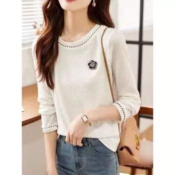 Верхняя женская футболка весна-осень иностранная универсальная с длинным рукавом белая нижняя рубашка S