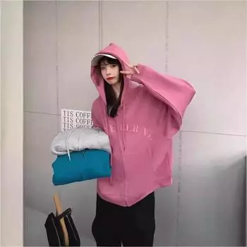 Верхняя женская куртка с капюшоном осень 2024 г., новая, маленькая, универсальная, свободная, с длинным рукавом, ветровка BF на молнии M серый