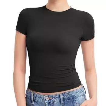 Верхняя женская летняя плиссированная облегающая футболка с короткими рукавами S чёрный