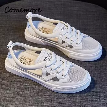 Верхняя женская одежда Comemore 2024 года, летние новые студенческие универсальные повседневные туфли на плоской подошве белого цвета, женские спортивные сандалии из мягкой кожи, кроссовки size small белый