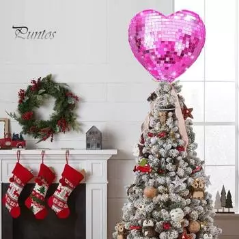 Верхушка для елки Украшение в виде сердечка ко Дню святого Валентина, Рождеству, Свадьбе, Диско-плитке Блестящая форма сердечка для елки Украшение на верхушку дерева красный