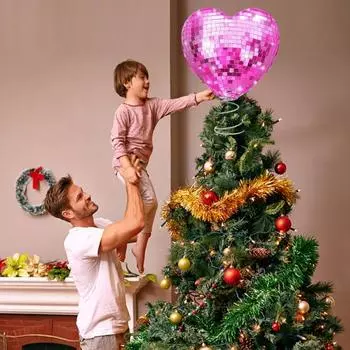 Верхушка для елки Украшение в виде сердечка ко Дню святого Валентина, Рождеству, Свадьбе, Диско-плитке Блестящая форма сердечка для елки Украшение на верхушку дерева красный