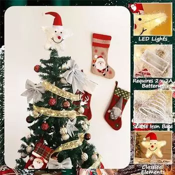 Верхушка для елки в виде пятиконечной звезды, рождественское украшение, звезда, снеговик, звезда, светящееся украшение белый