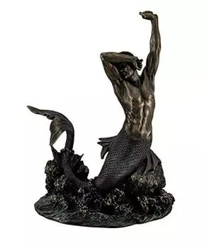 Veronese Design 7 7/8 Tall Merman Stretching on Rock Cold Cast Resin Antique Bronze Finish Sculpture Nautical Mermaid Statue