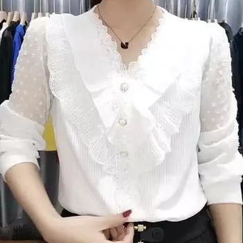 Универсальный и стильный: Легкий топ с длинными рукавами и кружевным воротником XL белый