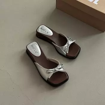 Versatile bow girls slope heel slippers summer fashion square head with skirt beautiful one-word sandals 35