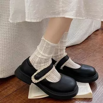 Versatile College Style Dress Black Thick Soled Small Leather Shoes Women s 2024 Summer New Retro French Mary Janes Single Shoes 35 бежевый