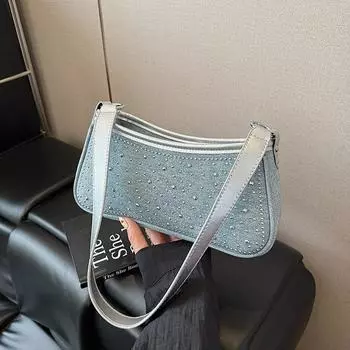 Versatile denim small bag, new trendy cool bright diamond bucket bag, high-end single shoulder messenger bag серебряный