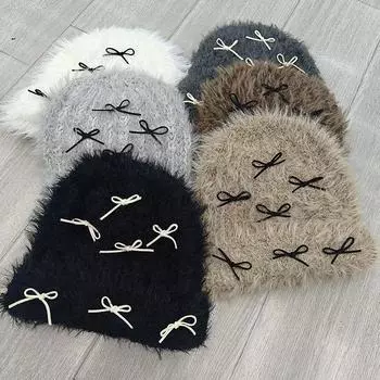 Versatile face small sweet bow knitted cold hat hat women s autumn and winter warm plush hat first head hat M56-58cm чёрный