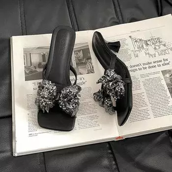 Versatile fashion square head high-heeled outer slippers women s summer new thick-heeled bow open-toed cool slippers 35