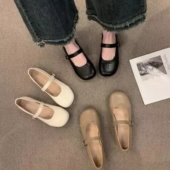 Versatile flat bottom round head single shoes women s 2025 spring new Korean version small leather shoes one-word buckle French Mary Jane shoes 35 чёрный
