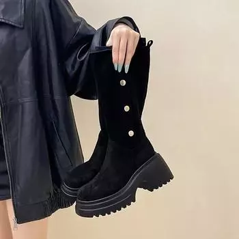 Versatile foldable tube circumference two wear thick-soled high boots autumn and winter design elastic boots women s thin knight boots 35