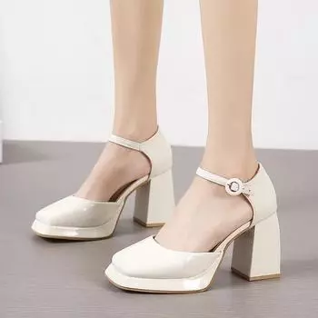 Универсальные туфли-лодочки из лакированной кожи во французском стиле, водонепроницаемые туфли на платформе Mary Sue High Heels, новое поступление 2024 года, цельные туфли на толстом каблуке 35 чёрный