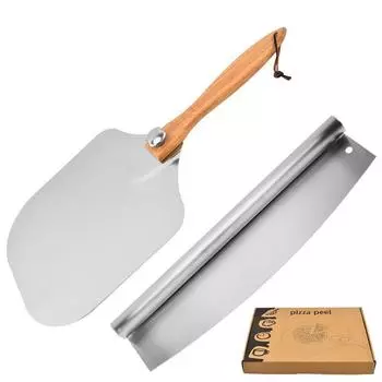 Versatile Pizza Tool Kit with 12 Inch Aluminum Spatula, Detachable Wooden Handle and Half-Moon Slicer for Pizza Cake Transfer