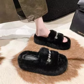Versatile rhinestone new cotton drag fashion year fluffy slippers women wear velvet autumn and winter Internet celebrities thick bottom one word 34