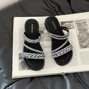 Versatile rhinestone set toe sandals beautiful slippers summer fashion two wear thick heel women cool slippers 35