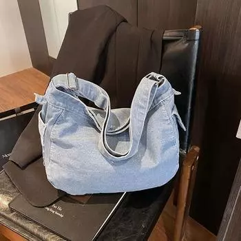 Versatile simple denim shoulder messenger bag bag women s large capacity retro canvas bag fashion backpack чёрный