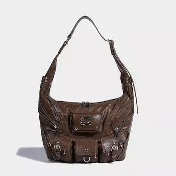 Versatile Single Shoulder Underarm Locomotive Bag Heavy Industry Rivets Multi-pocket Design Large Capacity Handbag