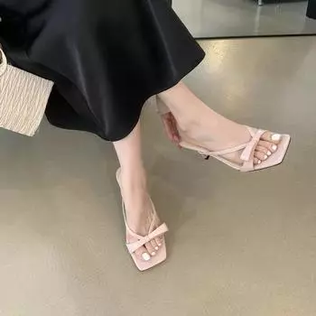 Versatile spring and autumn wear women s slippers new herringbone Roman square head 2024 French high heels toe sandals 35 белый