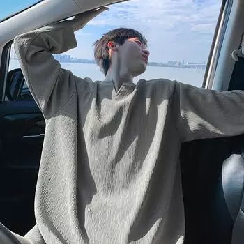 Versatile V-neck Textured American Loose Long-sleeved T-shirt M серый