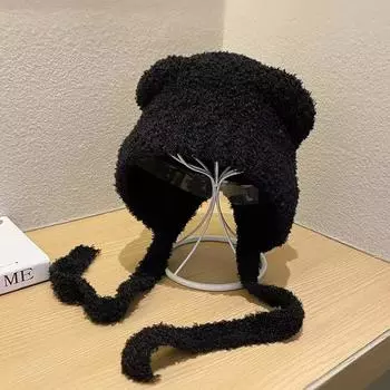 Versatile Warm Wool Hat Female Winter Cute Small Energy Plush Hat Ear Protector Knitted Hat Wool M56-58cm чёрный