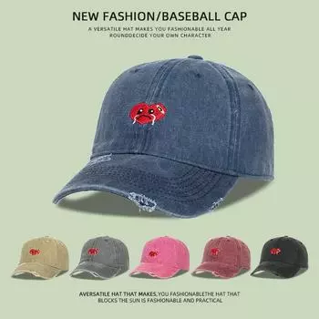 Versatile wide brim show face small denim baseball cap children retro washed old hole shading sun protection cap men Adjustable