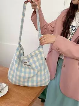Версия Повседневная Универсальная Клетчатая Сумка Через Плечо Двусторонняя Вышитая Бантом Рабочая Женская Сумка