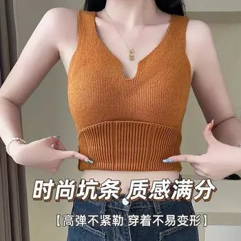 Version Knitted Thermal Vest Vest Women s Autumn and Winter with Chest Pad V-Neck Inside and Outside Slim-Fit Sleeveless Top Average size 80-65kg