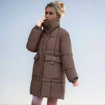 version loose and thin thickened down cotton clothes women s medium and long winter clothes knitted splicing turtleneck cotton clothes jacket S темно-коричневого