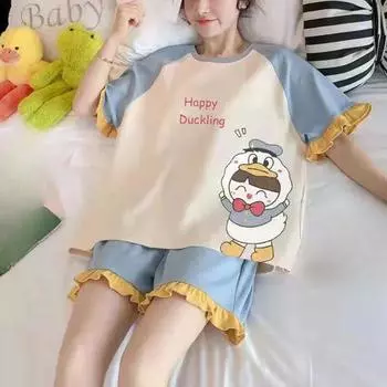Version of The Girl Sleepwear Cartoon Women Pajamas Short-Sleeved Shorts Ladies Summer Silk Home Wear Cartoon M(38-40kg)