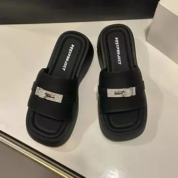 Version! Rhinestone lock buckle round head one-word slippers women s summer new outer wear muffin thick-bottomed beach sandals 35