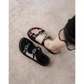 Version soft leather toe slippers women s summer wear flat bottom one-word open toe cool slippers beach sandals women 35