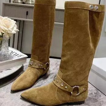 Версия из коровьей кожи~ Ботинки из натуральной кожи с острым носком в стиле ретро, женские сапоги в стиле вестерн с рукавами, длинные рыцарские сапоги, длинные ковбойские сапоги 35