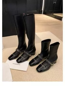 Версия из коровьей кожи~ Французские кожаные квадратные белые сапоги женские зимние заклепки на высоком каблуке короткие сапоги тонкие сапоги высокие рыцарские сапоги 35