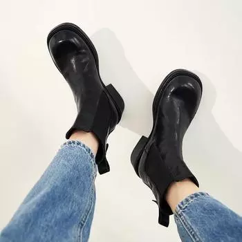 Версия из коровьей кожи~ Кожаные ретро-узкие ботинки «Челси» Британские ботинки «Мартин» Женские короткие ботинки с толстым каблуком и большой головкой 35