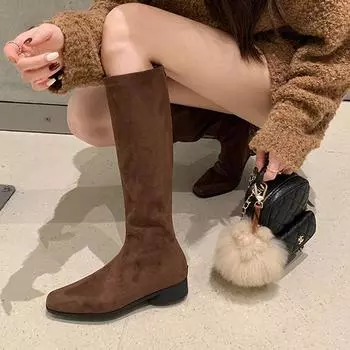 Версия из коровьей кожи~ Кожаные сапоги на толстом каблуке в стиле ретро с молнией сзади Женские замшевые тонкие сапоги Высокие сапоги Рыцарские сапоги Длинные сапоги 35