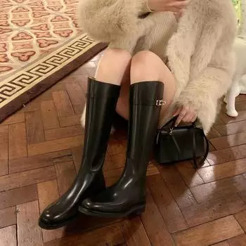 Версия из коровьей кожи ~ натуральная кожа британский стиль замок рыцарские сапоги женские толстые каблуки но до колена сапоги высокие сапоги на толстой подошве 35