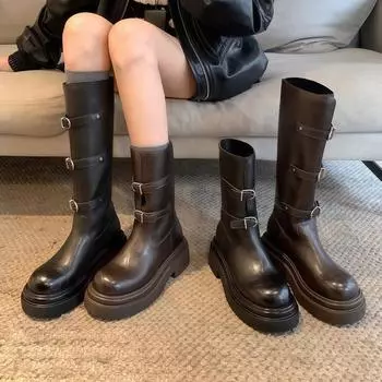 Версия из коровьей кожи ~ Сапоги Su Yinyin с пряжкой на поясе, 6 см, толстая подошва, средние и высокие сапоги, рыцарские сапоги, женские короткие сапоги 35