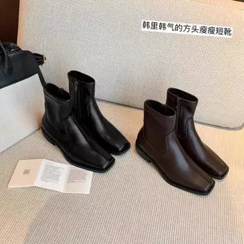 Версия из коровьей кожи Su Yinyin того же корейского большого кузена с квадратной головкой и боковой молнией на толстом каблуке, эластичные короткие женские тонкие ботинки 35
