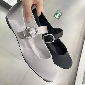 Версия из овчины~ 2025 новые кожаные туфли со стразами на мягкой подошве, женские балетки с круглым носком и плоской подошвой, туфли Мэри Джейн 35 чёрный