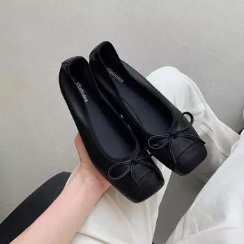 Версия из овчины~ Балетки с бантиком и открытым верхом, женские универсальные туфли с квадратным носком, мягкие плоские туфли для бабушки 35