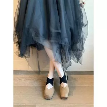 Версия из овчины~ Балетки с квадратным носком для женской верхней одежды, с перекрещенными ремешками, с носком-пятачком, с мелким вырезом, в стиле ретро, на плоской подошве, на толстом каблуке, одинарные туфли 34