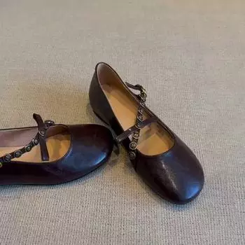 Версия из овчины ~ Французские ретро туфли с неглубоким воротом, односложной пряжкой и бантом, плоские кожаные туфли Мэри Джейн с одной педалью, женские 35