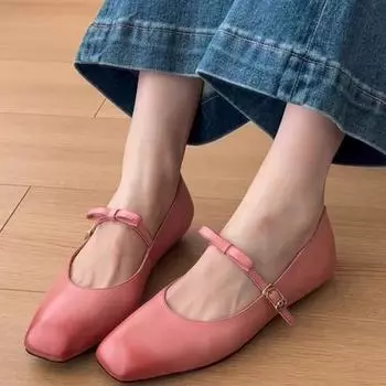 Версия из овчины~ Французские розовые туфли Мэри Джейн женские новинка весны 2025 года универсальные туфли на плоской подошве с квадратным носком и бантом 35