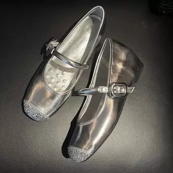 Версия из овчины~ Французские серебряные одинарные туфли женские балетки на плоской подошве мягкая подошва однотонный пояс с внутренней стороны увеличивающий рост туфли Мэри Джейн с круглым носком 35 серебряный